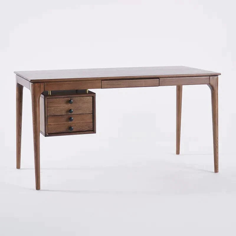 55.1" Mid-century Modern Walnut Ash Wood Writing Desk Home Office Desk with 5 Drawers