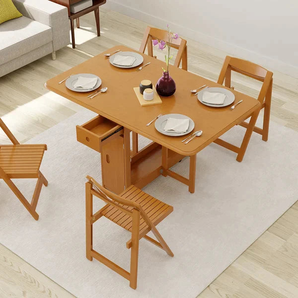 57" Modern Solid Wood Folding 5 Piece Dining Table Set Drop Leaf with 4 Chairs