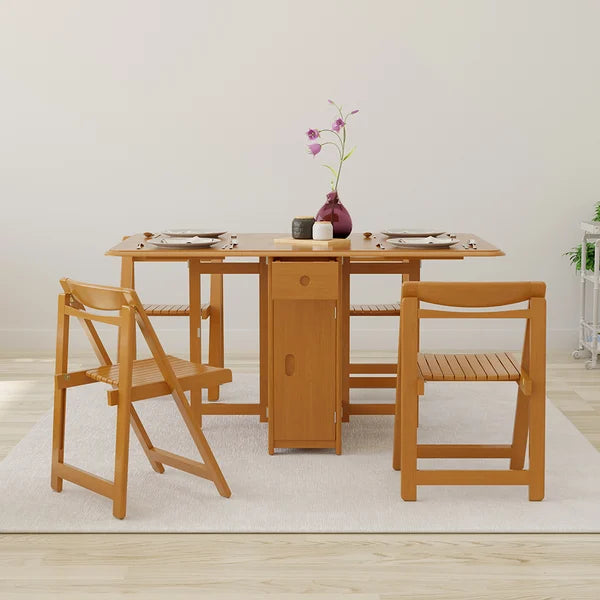 57" Modern Solid Wood Folding 5 Piece Dining Table Set Drop Leaf with 4 Chairs