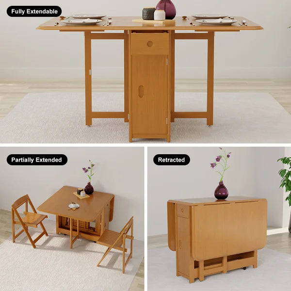 57" Modern Solid Wood Folding 5 Piece Dining Table Set Drop Leaf with 4 Chairs