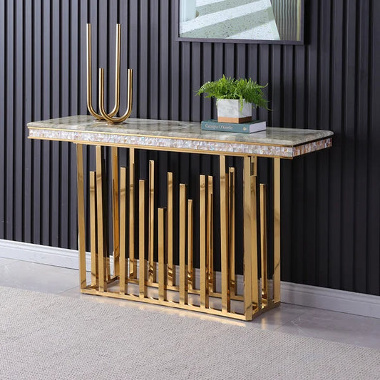 59.1" Modern Marble Console Table Narrow Entryway Table with Gold Stainless Steel Base