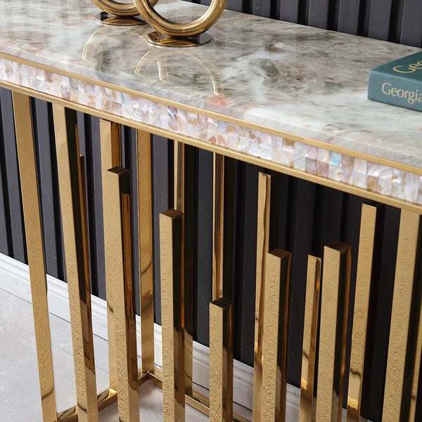 59.1" Modern Marble Console Table Narrow Entryway Table with Gold Stainless Steel Base