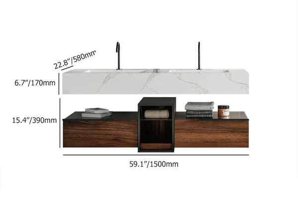 59" Floating White & Brown Bathroom Vanity Set with Double Sink Two Shelves