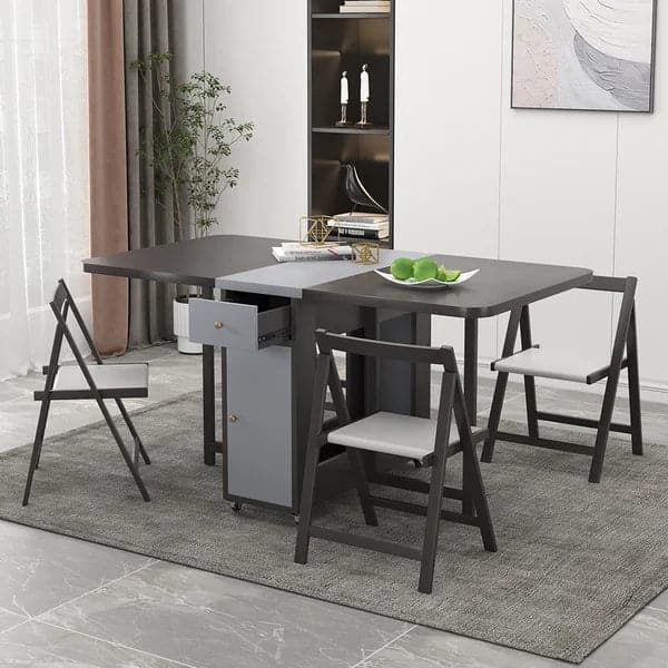 59" Modern Gray Rectangle Folding Wood Dining Table Set with Chair 5 Pieces