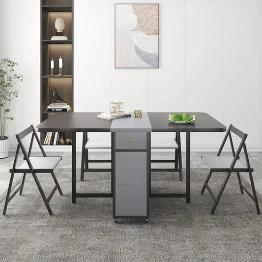 59" Modern Gray Rectangle Folding Wood Dining Table Set with Chair 5 Pieces