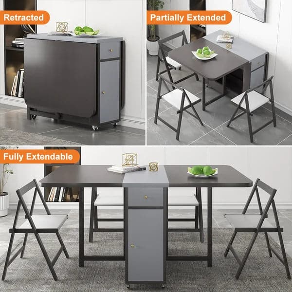 59" Modern Gray Rectangle Folding Wood Dining Table Set with Chair 5 Pieces