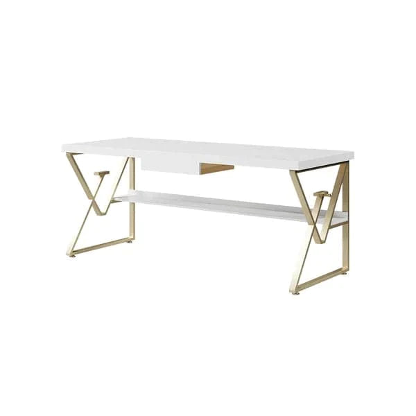 59" Modern White Writing Desk with Drawer & Shelf Wood Top Office Desk