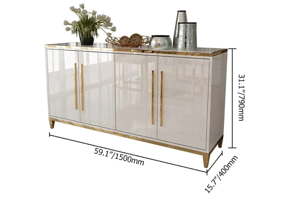 59" Rectangle White Sideboard Buffet Tempered Glass Top Cabinet 4 Doors & 2 Shelves