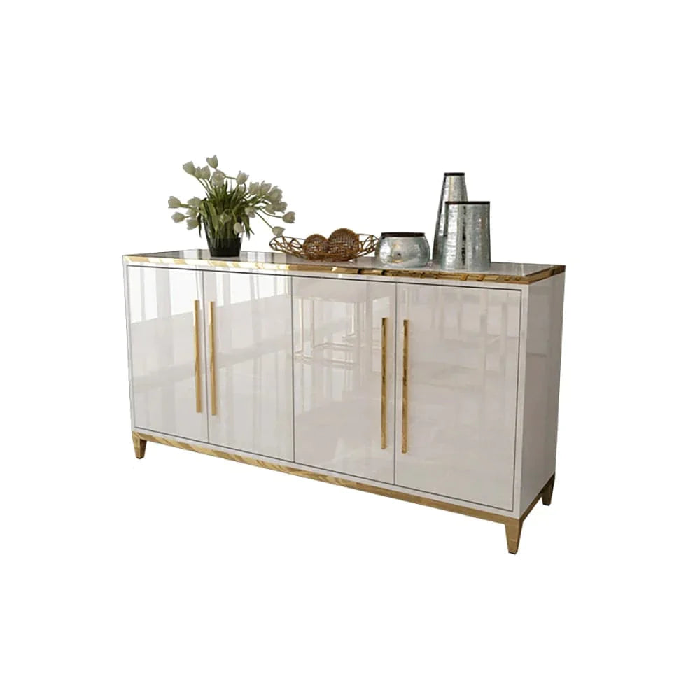 59" Rectangle White Sideboard Buffet Tempered Glass Top Cabinet 4 Doors & 2 Shelves