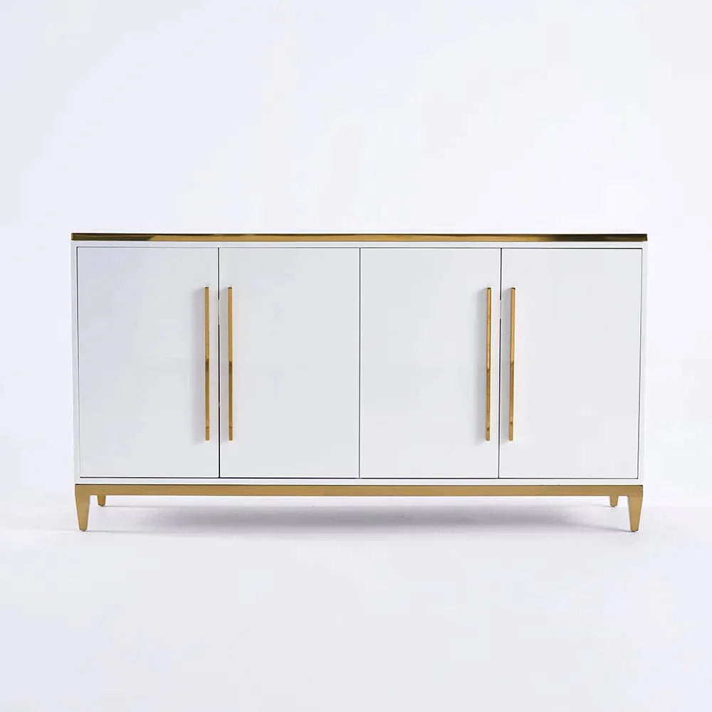 59" Rectangle White Sideboard Buffet Tempered Glass Top Cabinet 4 Doors & 2 Shelves