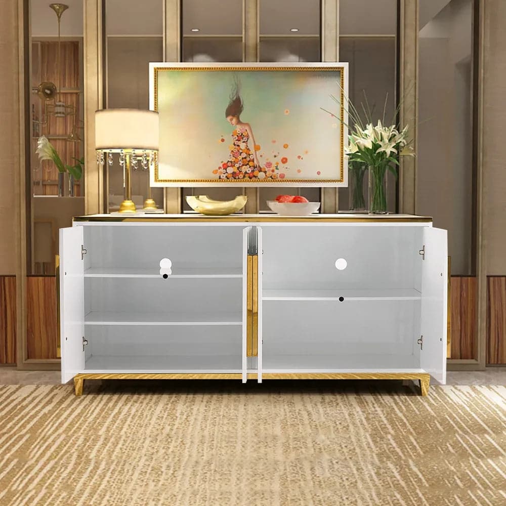 59" Rectangle White Sideboard Buffet Tempered Glass Top Cabinet 4 Doors & 2 Shelves