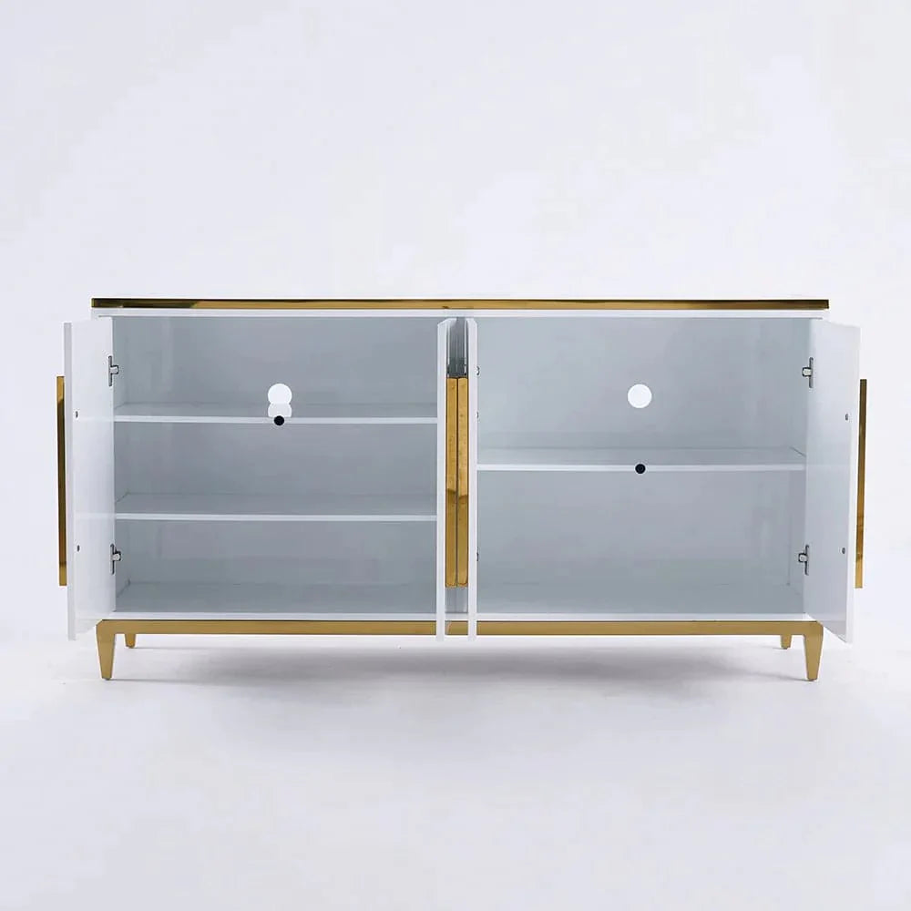 59" Rectangle White Sideboard Buffet Tempered Glass Top Cabinet 4 Doors & 2 Shelves