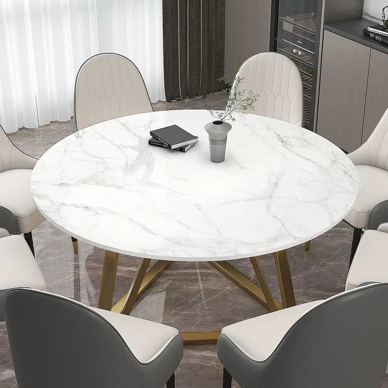 59" White Modern Round Faux Marble Dining Table Stainless Steel Base for 8 Seaters