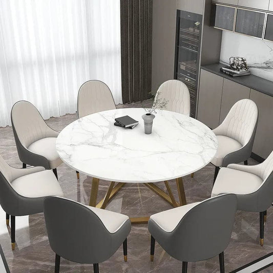 59" White Modern Round Faux Marble Dining Table Stainless Steel Base for 8 Seaters