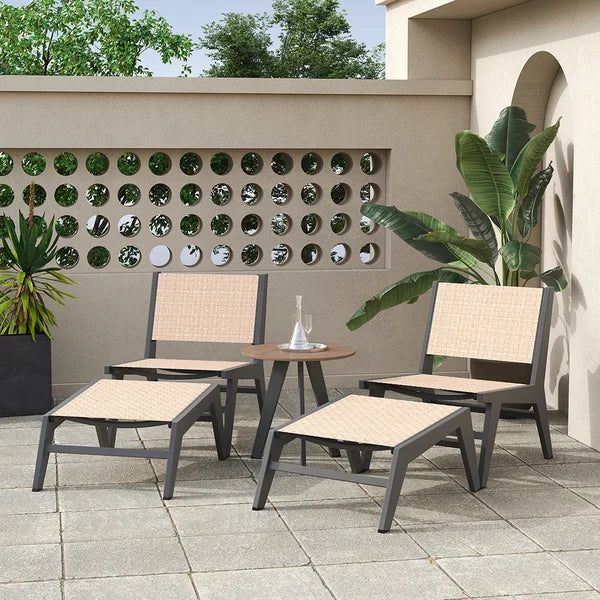 5Pcs Rustic Rattan Aluminum Outdoor Patio Lounge Chair Set Round Coffee Table & Stool