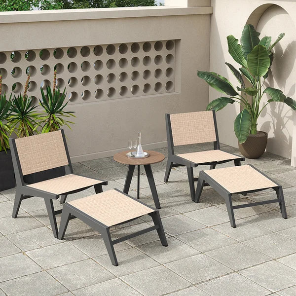 5Pcs Rustic Rattan Aluminum Outdoor Patio Lounge Chair Set Round Coffee Table & Stool