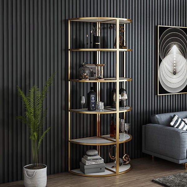 6-Tier Modern Fan-Shaped Shelves Standing Corner Shelf in White&Gold