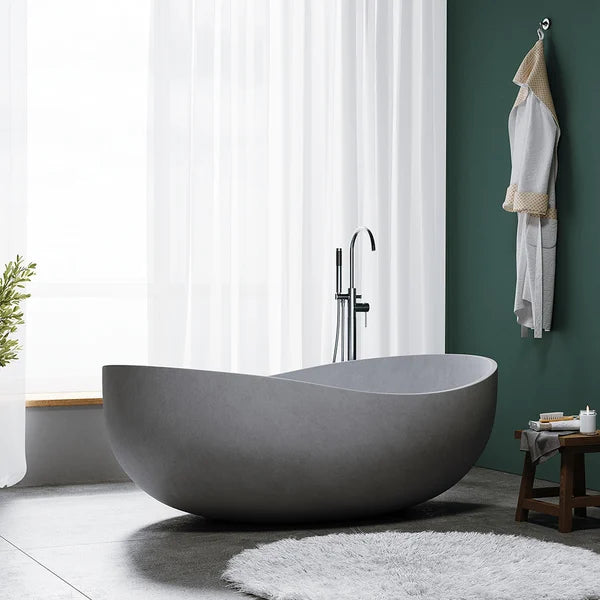 63" Industrial Concrete Soaking Bathtub Oval Cement Freestanding Bathtub in Gray