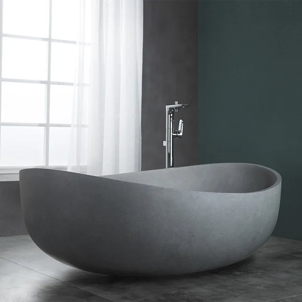 63" Industrial Concrete Soaking Bathtub Oval Cement Freestanding Bathtub in Gray