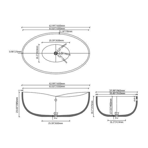 63" Industrial Concrete Soaking Bathtub Oval Cement Freestanding Bathtub in Gray