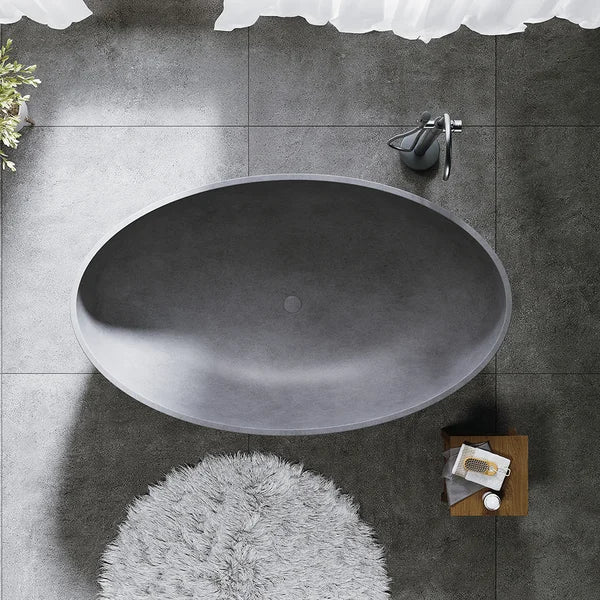 63" Industrial Concrete Soaking Bathtub Oval Cement Freestanding Bathtub in Gray