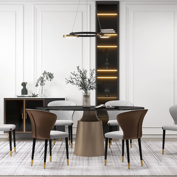 63" Modern Oval Sintered Stone Dining Table with Bronze Carbon Steel Base