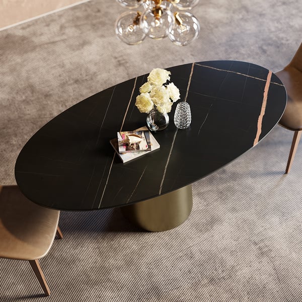 63" Modern Oval Sintered Stone Dining Table with Bronze Carbon Steel Base