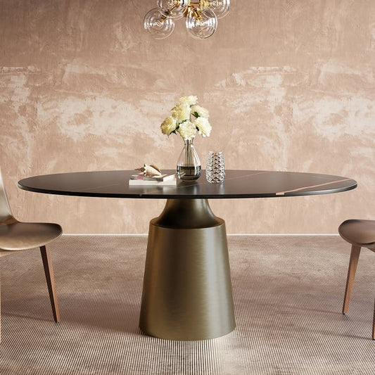 63" Modern Oval Sintered Stone Dining Table with Bronze Carbon Steel Base