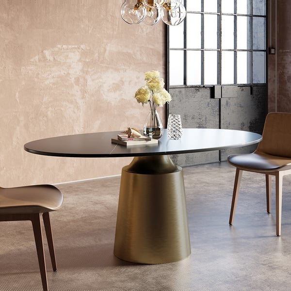 63" Modern Oval Sintered Stone Dining Table with Bronze Carbon Steel Base