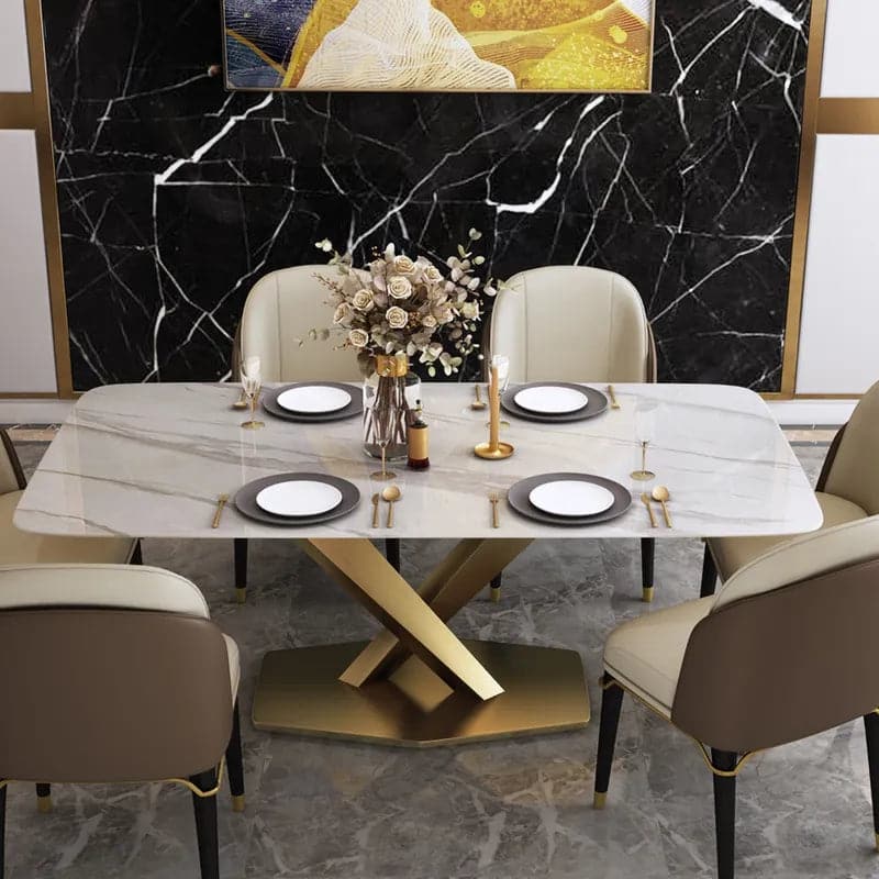 63" Modern White Marble Rectangular Dining Table with Stainless Steel X-Base