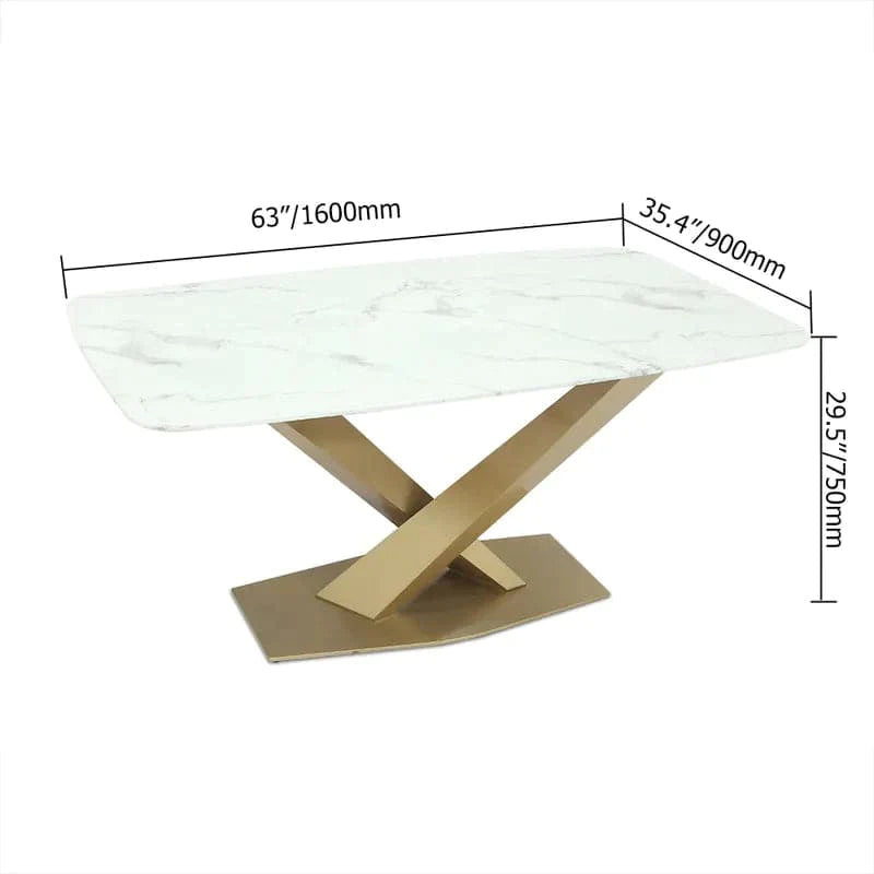 63" Modern White Marble Rectangular Dining Table with Stainless Steel X-Base