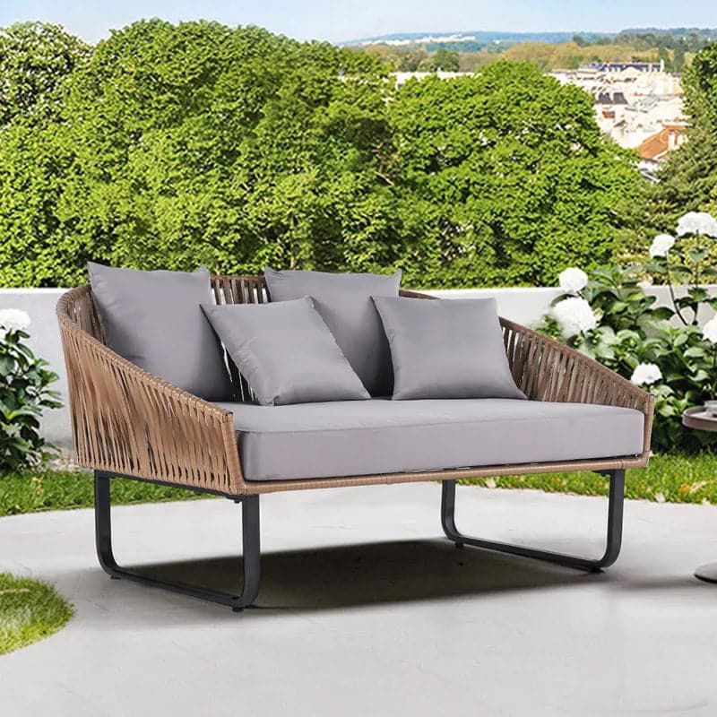 63" Rattan Outdoor Daybed with Khaki Cushion Pillow Aluminum Frame