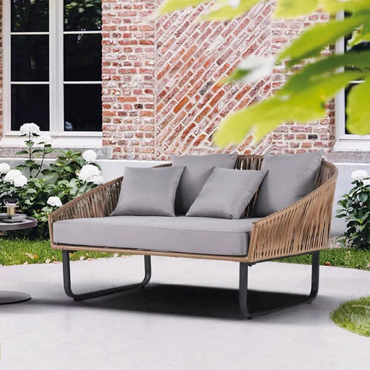 63" Rattan Outdoor Daybed with Khaki Cushion Pillow Aluminum Frame