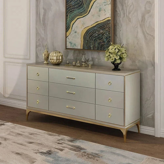 63" Contemporary 9-Drawer Champagne Bedroom Dresser for Storage in Gold