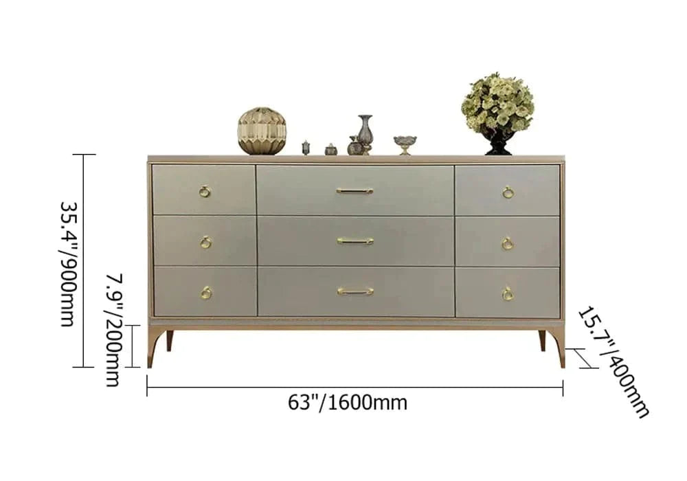 63" Contemporary 9-Drawer Champagne Bedroom Dresser for Storage in Gold