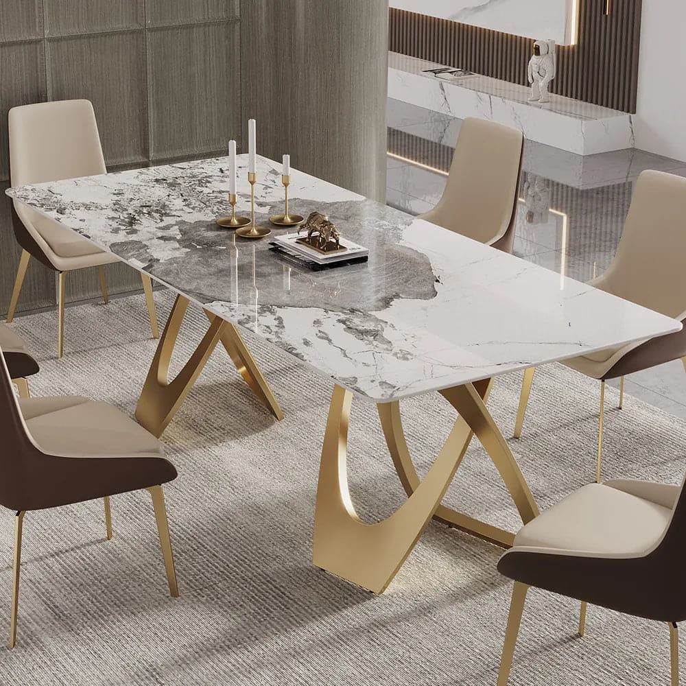 63" Contemporary Dining Table for 6 Seaters with Sintered Stone Top & Double Pedestal