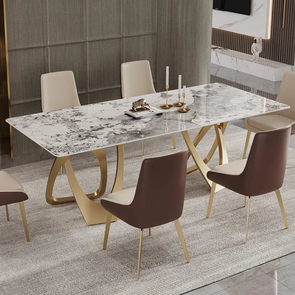 63" Contemporary Dining Table for 6 Seaters with Sintered Stone Top & Double Pedestal