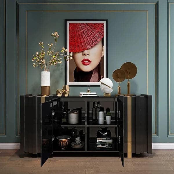 63" Light Luxury Sideboard Black Rectangular Buffet with 2 Doors & 2 Shelves in Gold