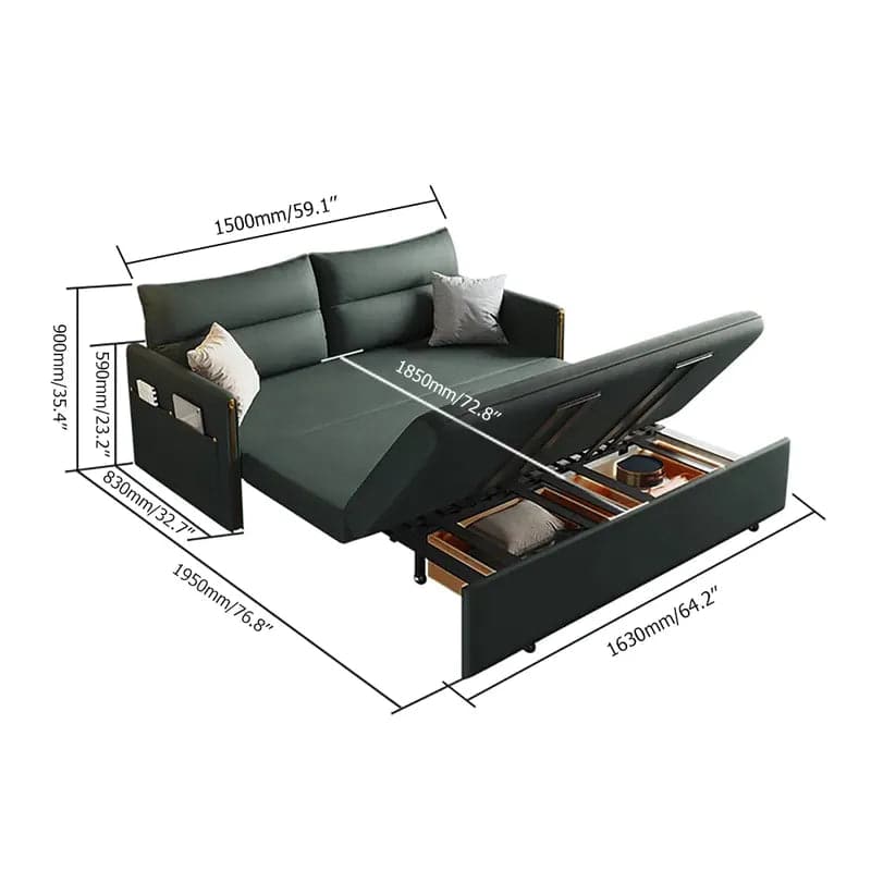 64" Green Convertible Sleeper Sofa Bed with Storage Leath-aire Upholstery