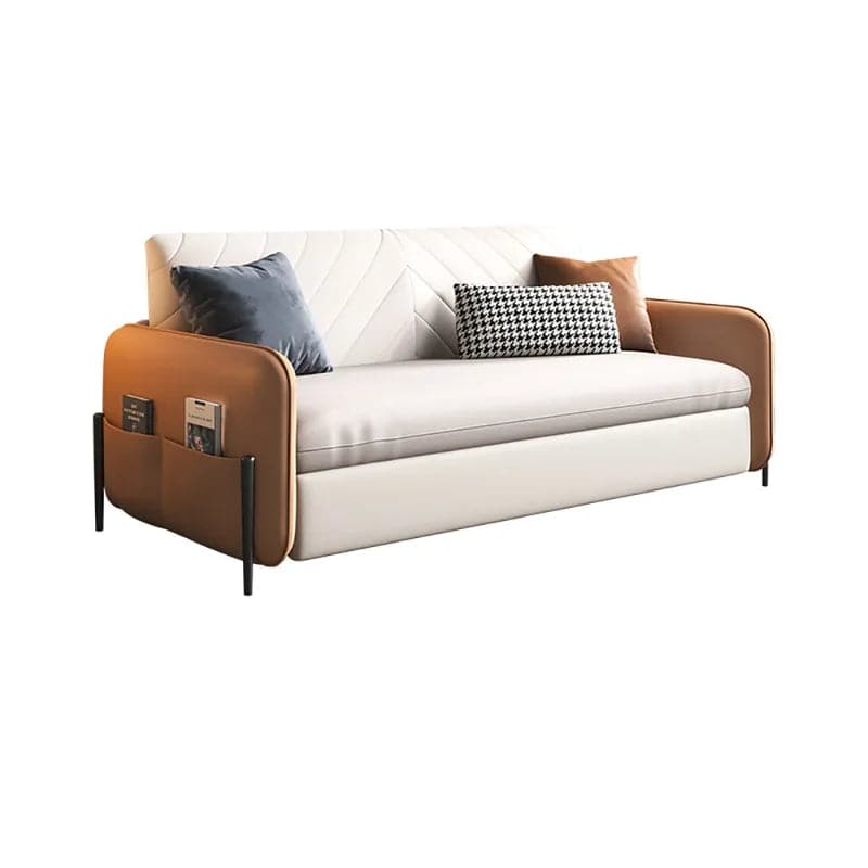 67" Brown & White Convertible Sofa Bed Leath-aire Upholstered with Storage Pocket