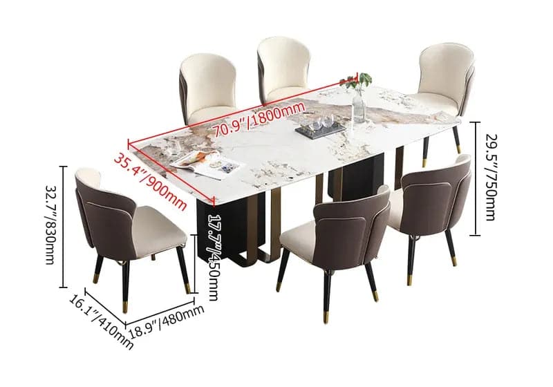 71" 7-Piece Rectangle Sintered Stone-Top Dining Table with Pedestal Base