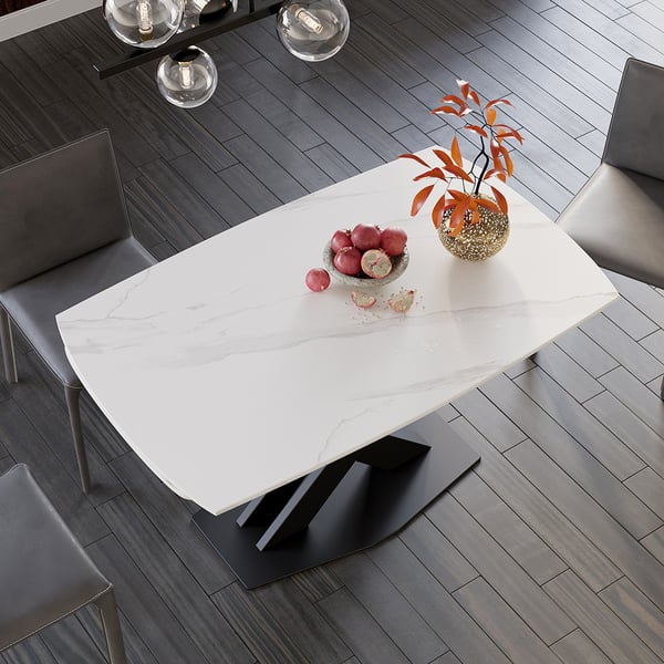 71" Modern Extendable White Sintered Stone Dining Table with Leaf X-Base 4-6 Seater