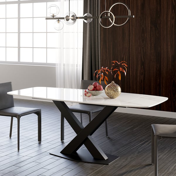 71" Modern Extendable White Sintered Stone Dining Table with Leaf X-Base 4-6 Seater