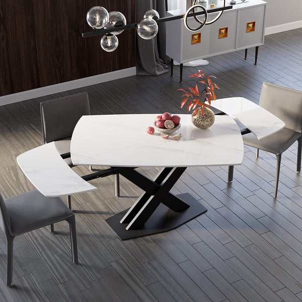 71" Modern Extendable White Sintered Stone Dining Table with Leaf X-Base 4-6 Seater