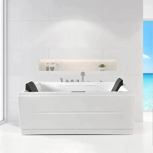 71" Modern Acrylic Corner Bathtub Whirlpool Air Massage 3 Sided Apron Tub in White Chromatherapy LED