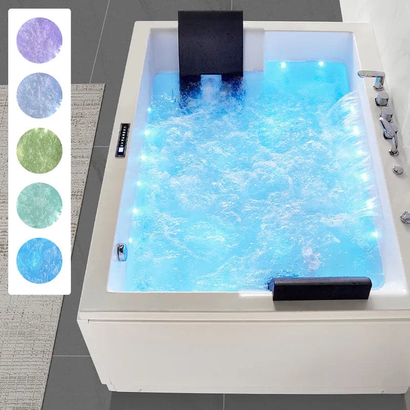 71" Modern Acrylic Corner Bathtub Whirlpool Air Massage 3 Sided Apron Tub in White Chromatherapy LED