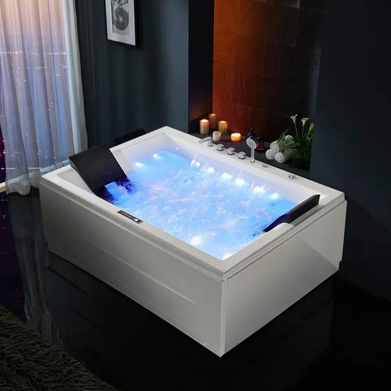 71" Modern Acrylic Corner Bathtub Whirlpool Air Massage 3 Sided Apron Tub in White Chromatherapy LED