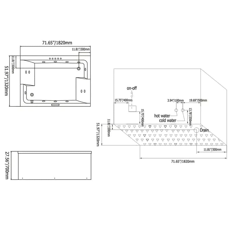 71" Modern Acrylic Corner Bathtub Whirlpool Air Massage 3 Sided Apron Tub in White Chromatherapy LED