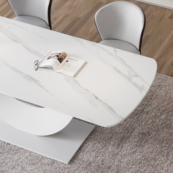 71" White Faux Marble Dining Table for 8 Crescent Base Sintered Stone