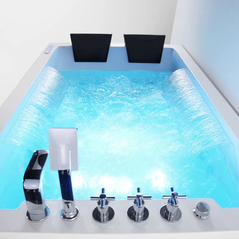 73" LED Acrylic Whirlpool Water Massage Double Waterfall 3 Sided Apron Bathtub